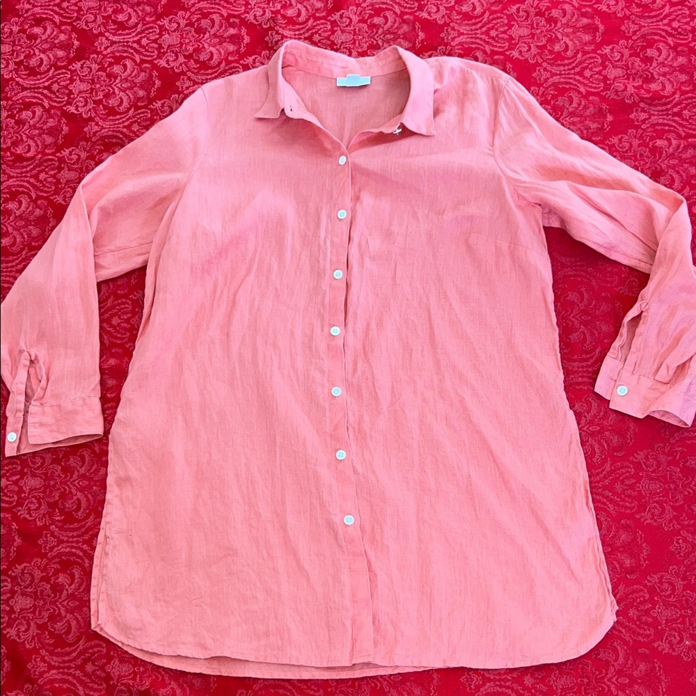 J Jill Linen Shirt Women Petite Medium Coral Salmon Button Up Tunic Long Sleeves